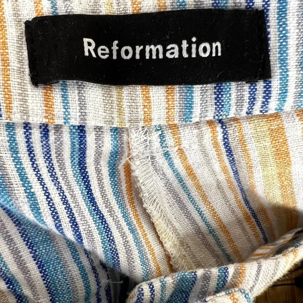 Reformation Tahiti Linen Pants Marbella Stripe High Rise Cropped 8 Blue Orange